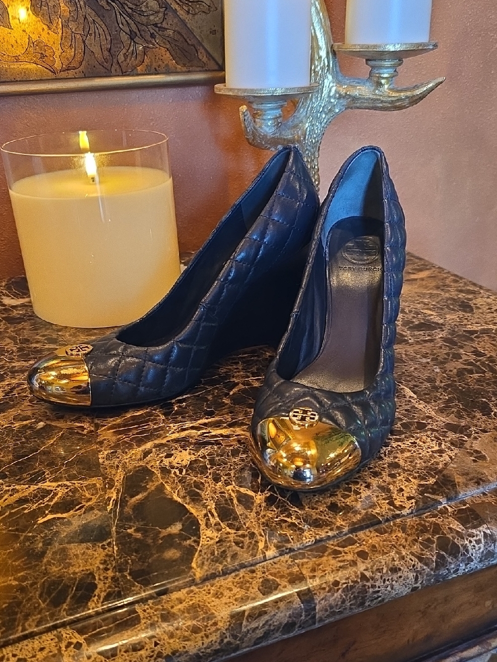 Tory Burch Quilted Navy Wedge Pumps with Gold Toe Cap Size 9.5